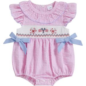 imageKuriozud Newborn Baby Girl 4th of July Outfit Cute Bow Bubble Romper Jumpsuit Infant Girl Fourth of July Summer ClothesAmerican Flag Fireworks Pink