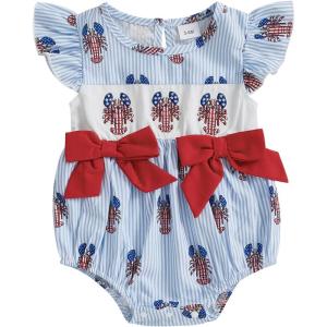 imageKuriozud Newborn Baby Girl 4th of July Outfit Cute Bow Bubble Romper Jumpsuit Infant Girl Fourth of July Summer ClothesLobster Blue