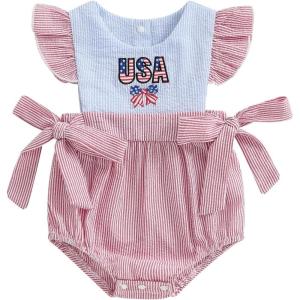 imageKuriozud Newborn Baby Girl 4th of July Outfit Cute Bow Bubble Romper Jumpsuit Infant Girl Fourth of July Summer ClothesUsa Striped Red