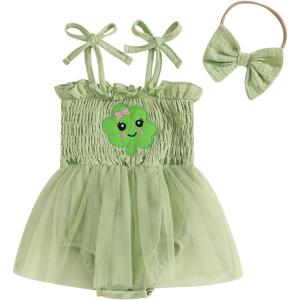 imageKuriozud Newborn Baby Girl St Patricks Day Outfit Shamrock Smocked Bubble Romper Jumpsuit Headband Spring Summer ClothesClover Green