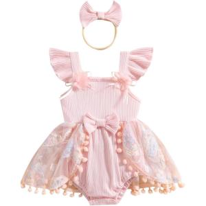 imageKuriozud Newborn Baby Girl Summer Clothes Flower Bow Dress Romper Ruffle Jumpsuit Headband Outfit Cute Infant ClothingTassel Pink
