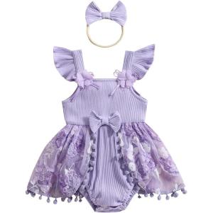 imageKuriozud Newborn Baby Girl Summer Clothes Flower Bow Dress Romper Ruffle Jumpsuit Headband Outfit Cute Infant ClothingTassel Purple