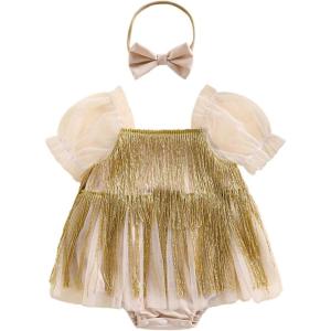 imageKuriozud Newborn Baby Girl Summer Clothes Sequin Fringe Romper Dress Puff Short Sleeve Tulle Romper Cute Sparkling ClothesGold