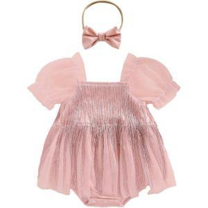 imageKuriozud Newborn Baby Girl Summer Clothes Sequin Fringe Romper Dress Puff Short Sleeve Tulle Romper Cute Sparkling ClothesPink