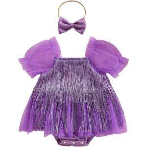 imageKuriozud Newborn Baby Girl Summer Clothes Sequin Fringe Romper Dress Puff Short Sleeve Tulle Romper Cute Sparkling ClothesPurple