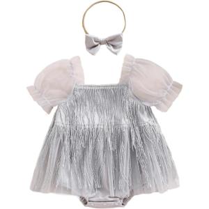 imageKuriozud Newborn Baby Girl Summer Clothes Sequin Fringe Romper Dress Puff Short Sleeve Tulle Romper Cute Sparkling ClothesSilver