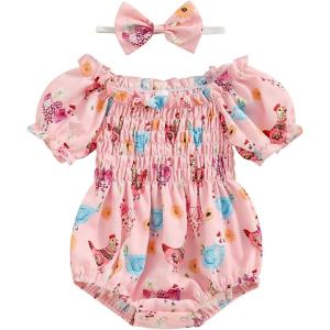 imageKuriozud Newborn Infant Baby Girl Off Shoulder Ruffle Romper Bodysuit One Piece Jumpsuit ClothesChicken Pink