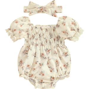 imageKuriozud Newborn Infant Baby Girl Off Shoulder Ruffle Romper Bodysuit One Piece Jumpsuit ClothesFlower Apricot