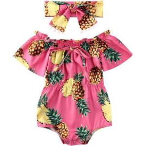 imageKuriozud Newborn Infant Baby Girl Off Shoulder Ruffle Romper Bodysuit One Piece Jumpsuit ClothesPineapple Pink  Headband