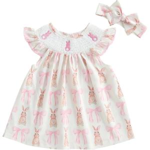 imageKuriozud Toddler Easter Dress Baby Girl Ruffle Sleeve Bunny Smocked Dresses Cute Spring ClothesBunny Bow Beige