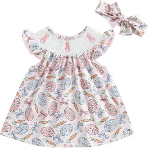 imageKuriozud Toddler Easter Dress Baby Girl Ruffle Sleeve Bunny Smocked Dresses Cute Spring ClothesEggs Bow Pink