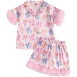 imageKuriozud Toddler Girl 4th of July Silk Satin Pajama Set Baby Fourth of July Pjs Girl Feather Trim Sleeve Nightgown PjsBowmulticolor