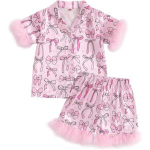 imageKuriozud Toddler Girl 4th of July Silk Satin Pajama Set Baby Fourth of July Pjs Girl Feather Trim Sleeve Nightgown PjsBowpink
