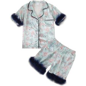 imageKuriozud Toddler Girl 4th of July Silk Satin Pajama Set Baby Fourth of July Pjs Girl Feather Trim Sleeve Nightgown PjsFireworkmulticolor
