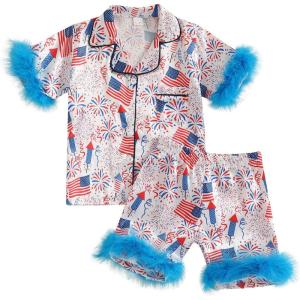 imageKuriozud Toddler Girl 4th of July Silk Satin Pajama Set Baby Fourth of July Pjs Girl Feather Trim Sleeve Nightgown PjsMemorial Dayblue