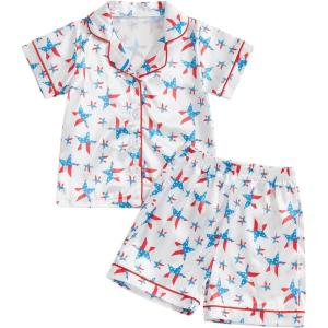 imageKuriozud Toddler Girl 4th of July Silk Satin Pajama Set Baby Fourth of July Pjs Girl Feather Trim Sleeve Nightgown PjsPatrioticmulticolor