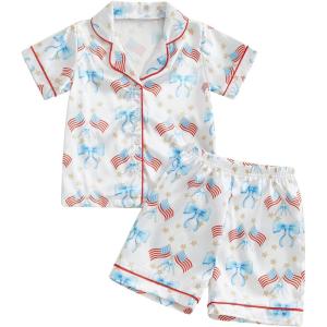 imageKuriozud Toddler Girl 4th of July Silk Satin Pajama Set Baby Fourth of July Pjs Girl Feather Trim Sleeve Nightgown PjsPatrioticwhite