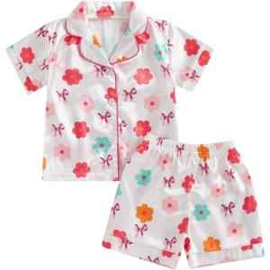 imageKuriozud Toddler Girl Satin Pajamas Set Summer Short Sleeve Button Down Shirt Top and Shorts 2pcs Pjs Sets SleepwearBow Flower White