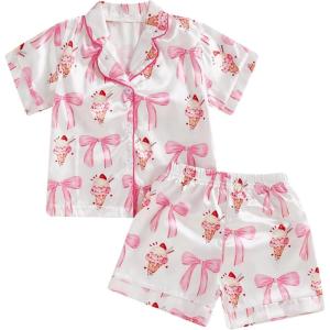 imageKuriozud Toddler Girl Satin Pajamas Set Summer Short Sleeve Button Down Shirt Top and Shorts 2pcs Pjs Sets SleepwearBow Ice Cream White