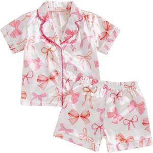 imageKuriozud Toddler Girl Satin Pajamas Set Summer Short Sleeve Button Down Shirt Top and Shorts 2pcs Pjs Sets SleepwearBow White