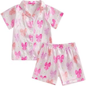 imageKuriozud Toddler Girl Satin Pajamas Set Summer Short Sleeve Button Down Shirt Top and Shorts 2pcs Pjs Sets SleepwearMulticolor Bows Pink