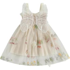 imageToddler Tulle Tutu Dress Baby Girl Sleeveless Floral Embroidery Princess Birthday Party DressesButterfly Wings Beige