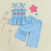 imageKuriozud 4th of July Outfit Baby Girl Smocked Tank TopWide Leg Pants Set Kids Toddler Girl Fourth of July Clothes4th July American Flag Blue