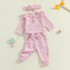 imageKuriozud Baby Girl Fall Winter Clothes Ruffle Long Seeve Romper Top and Bow Pants Set with Headband Newborn Girl OutfitFuzzy Pink