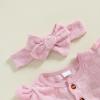 imageKuriozud Baby Girl Fall Winter Clothes Ruffle Long Seeve Romper Top and Bow Pants Set with Headband Newborn Girl OutfitFuzzy Pink