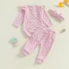 imageKuriozud Baby Girl Fall Winter Clothes Ruffle Long Seeve Romper Top and Bow Pants Set with Headband Newborn Girl OutfitFuzzy Pink