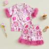 imageKuriozud Birthday Girl Pajamas Silk Stain Pjs Shirt TopsShorts 2Piece Set Birthday Toddler Kids Little Girl Nightgown GiftPink With Feather Cuffs