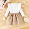 imageKuriozud Fall Toddler Girl Clothes Baby Ruffle Long Sleeve Shirt Plaid Skirt Set Back To School 2 Piece OutfitTweed Khaki
