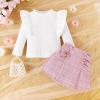 imageKuriozud Fall Toddler Girl Clothes Baby Ruffle Long Sleeve Shirt Plaid Skirt Set Back To School 2 Piece OutfitTweed Pink