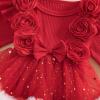 imageKuriozud Newborn Baby Girl Christmas Outfit Long Sleeve Ruffle Romper Jumpsuit with Headband Cute Infant Girl ClothesFlower Red