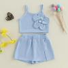 imageKuriozud Toddler Little Girl Summer Clothes Spaghetti Strap Tank Tops Split Hem Skorts Shorts Set 2 Piece OutfitFlower Blue