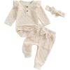 imageKuriozud Baby Girl Fall Winter Clothes Ruffle Long Seeve Romper Top and Bow Pants Set with Headband Newborn Girl OutfitFuzzy Beige