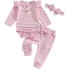 imageKuriozud Baby Girl Fall Winter Clothes Ruffle Long Seeve Romper Top and Bow Pants Set with Headband Newborn Girl OutfitFuzzy Pink