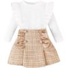 imageKuriozud Fall Toddler Girl Clothes Baby Ruffle Long Sleeve Shirt Plaid Skirt Set Back To School 2 Piece OutfitTweed Khaki