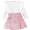imageKuriozud Fall Toddler Girl Clothes Baby Ruffle Long Sleeve Shirt Plaid Skirt Set Back To School 2 Piece OutfitTweed Pink