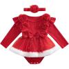 imageKuriozud Newborn Baby Girl Christmas Outfit Long Sleeve Ruffle Romper Jumpsuit with Headband Cute Infant Girl ClothesFlower Red