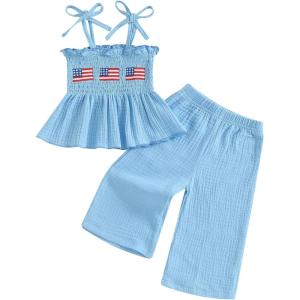 imageKuriozud 4th of July Outfit Baby Girl Smocked Tank TopWide Leg Pants Set Kids Toddler Girl Fourth of July Clothes4th July American Flag Blue