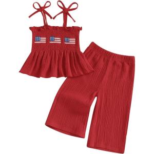 imageKuriozud 4th of July Outfit Baby Girl Smocked Tank TopWide Leg Pants Set Kids Toddler Girl Fourth of July Clothes4th July American Flag Red