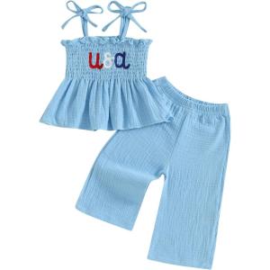 imageKuriozud 4th of July Outfit Baby Girl Smocked Tank TopWide Leg Pants Set Kids Toddler Girl Fourth of July Clothes4th July Blue Usa