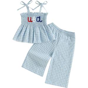 imageKuriozud 4th of July Outfit Baby Girl Smocked Tank TopWide Leg Pants Set Kids Toddler Girl Fourth of July Clothes4th July Blue Usa Plaid
