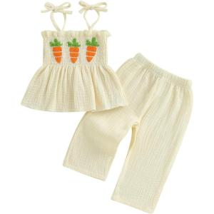 imageKuriozud 4th of July Outfit Baby Girl Smocked Tank TopWide Leg Pants Set Kids Toddler Girl Fourth of July ClothesBeige Carrot