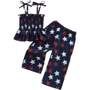 imageKuriozud 4th of July Outfit Baby Girl Smocked Tank TopWide Leg Pants Set Kids Toddler Girl Fourth of July ClothesBlue Stars