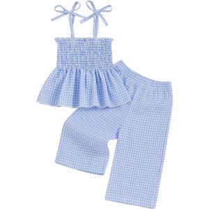 imageKuriozud 4th of July Outfit Baby Girl Smocked Tank TopWide Leg Pants Set Kids Toddler Girl Fourth of July ClothesDaily Blue Plaid