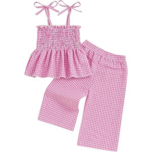 imageKuriozud 4th of July Outfit Baby Girl Smocked Tank TopWide Leg Pants Set Kids Toddler Girl Fourth of July ClothesDaily Pink Plaid