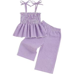 imageKuriozud 4th of July Outfit Baby Girl Smocked Tank TopWide Leg Pants Set Kids Toddler Girl Fourth of July ClothesDaily Purple Plaid