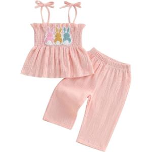 imageKuriozud 4th of July Outfit Baby Girl Smocked Tank TopWide Leg Pants Set Kids Toddler Girl Fourth of July ClothesPink Bunnys